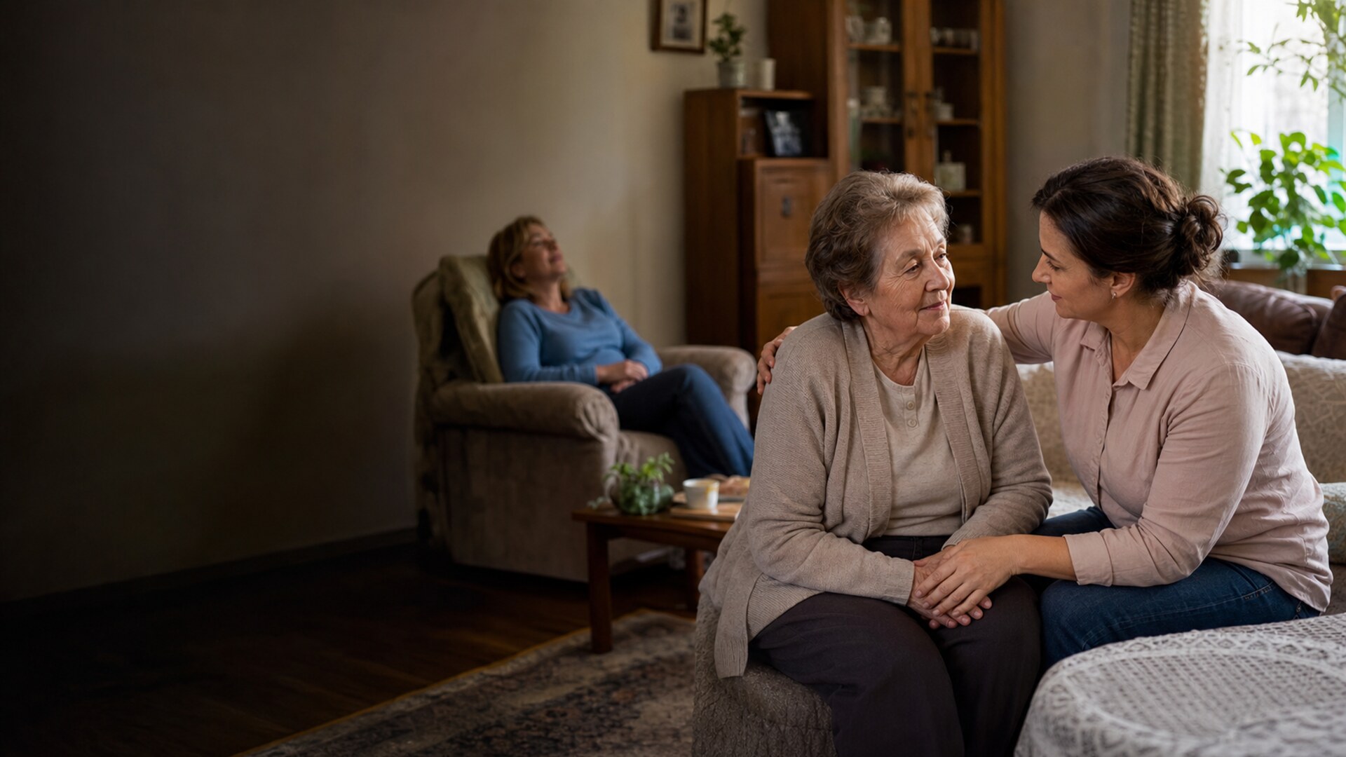 Opiekunka wspiera seniorkę w domu podczas opieki wytchnieniowej